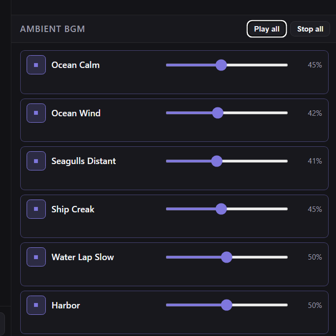 Ambient BGM mixer with layered ocean, wind, and harbor sounds and individual volume controls