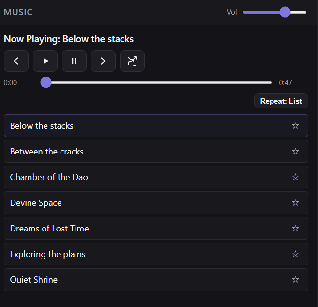 Music player with track list, playback controls, and volume slider