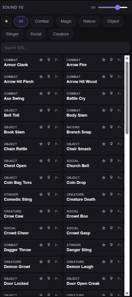 Sound effects library with category filters and one-click playback